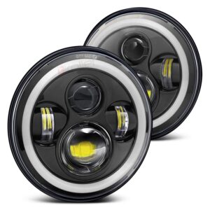 Biroller BR7IH2P 7 Inch Round LED Headlight with Full Ring Hi/Lo Beam Halo Angel Eyes for Jeep Harley Davidson Cruiser (40W)