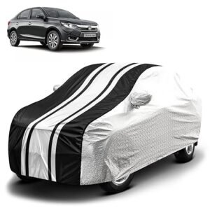 Biroller Waterproof Car Body Cover for Honda Amaze with Mirror Pocket and Soft Cotton Lining, Bottom Elastic, Triple Stitched (Metallic Silver with Black Stripes) (No Antenna Pocket)