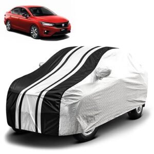Biroller Waterproof Car Body Cover for Honda City with Mirror Pocket and Soft Cotton Lining, Bottom Elastic, Triple Stitched (Metallic Silver with Black Stripes) (No Antenna Pocket)