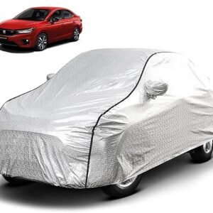 Biroller Waterproof Car Body Cover for Honda City with Mirror Pocket, Soft Cotton Lining, Triple Stitched (Heat Resistant Metallic Silver with Black Piping)