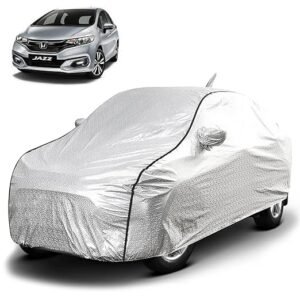 Biroller Waterproof Car Body Cover for Honda Jazz with Mirror and Antenna Pocket, Soft Cotton Lining, Triple Stitched (Heat Resistant Metallic Silver with Black Piping)