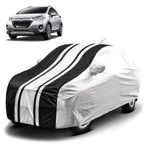 Biroller Waterproof Car Body Cover for Honda WRV with Mirror and Antenna Pocket and Soft Cotton Lining, Bottom Elastic, Triple Stitched (Metallic Silver with Black Stripes)
