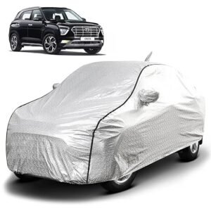 Biroller Waterproof Car Body Cover for Hyundai Creta with Mirror and Antenna Pocket, Soft Cotton Lining, Triple Stitched (Heat Resistant Metallic Silver with Black Piping)