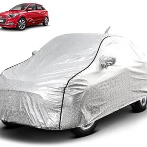 Biroller Waterproof Car Body Cover for Hyundai Elite i20 with Mirror and Antenna Pocket, Soft Cotton Lining, Triple Stitched (Heat Resistant Metallic Silver with Black Piping)