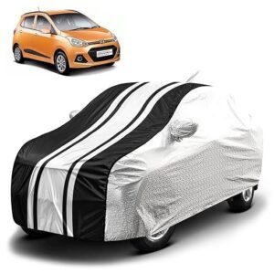 Biroller Waterproof Car Body Cover for Hyundai Grand i10 with Mirror and Antenna Pocket, Soft Cotton Lining, Bottom Elastic, Triple Stitched (Metallic Silver with Black Stripes)
