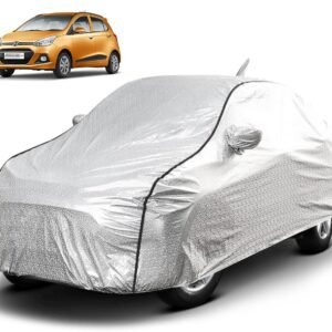 Biroller Waterproof Car Body Cover for Hyundai Grand I10 with Mirror and Antenna Pocket, Soft Cotton Lining, Triple Stitched (Heat Resistant Metallic Silver with Black Piping)