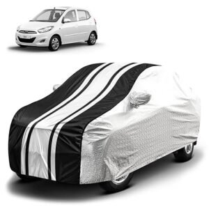 Biroller Waterproof Car Body Cover for Hyundai i10 Old with Mirror Pocket and Soft Cotton Lining, Bottom Elastic, Triple Stitched (Metallic Silver with Black Stripes) (No Antenna Pocket)