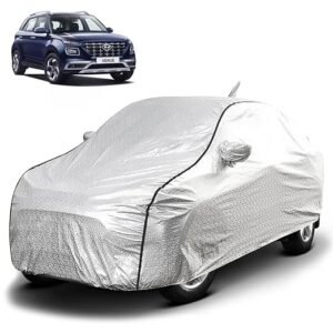 Biroller Waterproof Car Body Cover for Hyundai Venue with Mirror and Antenna Pocket, Soft Cotton Lining, Triple Stitched (Heat Resistant Metallic Silver with Black Piping)