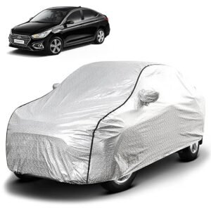 Biroller Waterproof Car Body Cover for Hyundai Verna with Mirror Pocket, Soft Cotton Lining, Triple Stitched (Heat Resistant Metallic Silver with Black Piping)