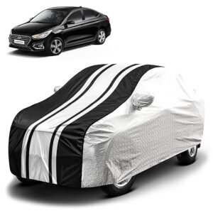 Biroller Waterproof Car Body Cover for Hyundai Verna with Mirror Pocket and Soft Cotton Lining, Bottom Elastic, Triple Stitched (Metallic Silver with Black Stripes) (No Antenna Pocket)