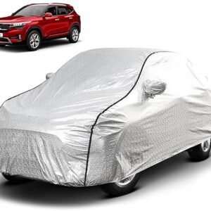 Biroller Waterproof Car Body Cover for Kia Seltos with Mirror Pocket, Soft Cotton Lining, Triple Stitched (Heat Resistant Metallic Silver with Black Piping)