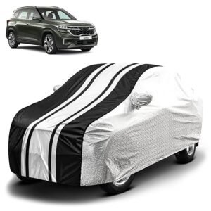 Biroller Waterproof Car Body Cover for Kia Seltos with Mirror Pocket and Soft Cotton Lining, Bottom Elastic, Triple Stitched (Metallic Silver with Black Stripes) (No Antenna Pocket)