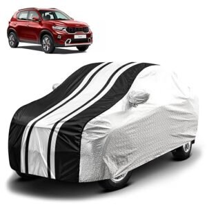 Biroller Waterproof Car Body Cover for Kia Sonet with Mirror Pocket and Soft Cotton Lining, Bottom Elastic, Triple Stitched (Metallic Silver with Black Stripes) (No Antenna Pocket)