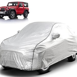 Biroller Waterproof Car Body Cover for Mahindra Thar with Mirror Pocket, Soft Cotton Lining, Triple Stitched (Heat Resistant Metallic Silver with Black Piping)