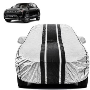 Biroller Waterproof Car Body Cover for Mahindra Xuv 300 with Mirror Pocket and Soft Cotton Lining, Bottom Elastic, Triple Stitched (Metallic Silver with Black Stripes)