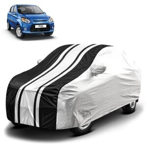Biroller Waterproof Car Body Cover for Maruti Alto 800 with Mirror Pocket and Soft Cotton Lining, Bottom Elastic, Triple Stitched (Metallic Silver with Black Stripes) (No Antenna Pocket)