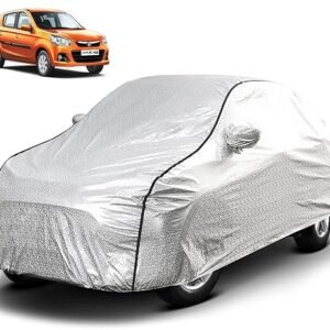 Biroller Waterproof Car Body Cover for Maruti Alto k10 with Mirror Pocket, Soft Cotton Lining, Triple Stitched (Heat Resistant Metallic Silver with Black Piping)