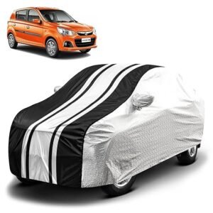 Biroller Waterproof Car Body Cover for Maruti Alto K10 with Mirror Pocket and Soft Cotton Lining, Bottom Elastic, Triple Stitched (Metallic Silver with Black Stripes) (No Antenna Pocket)