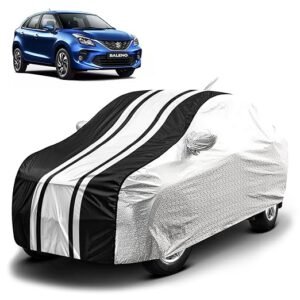 Biroller Waterproof Car Body Cover for Maruti Baleno with Mirror and Antenna Pocket, Soft Cotton Lining, Bottom Elastic, Triple Stitched (Metallic Silver with Black Stripes)