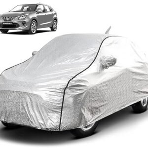Biroller Waterproof Car Body Cover for Maruti Baleno with Mirror and Antenna Pocket, Soft Cotton Lining, Triple Stitched (Heat Resistant Metallic Silver with Black Piping)