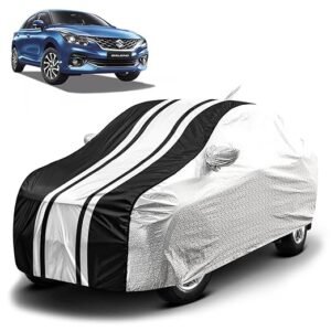 Biroller Waterproof Car Body Cover for Maruti Baleno 2023 with Mirror and Antenna Pocket and Soft Cotton Lining, Bottom Elastic, Triple Stitched (Metallic Silver with Black Stripes)