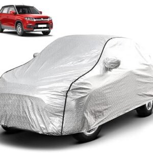 Biroller Waterproof Car Body Cover for Maruti Brezza with Mirror Pocket, Soft Cotton Lining, Triple Stitched (Heat Resistant Metallic Silver with Black Piping)