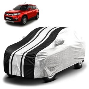 Biroller Waterproof Car Body Cover for Maruti Brezza with Mirror Pocket and Soft Cotton Lining, Bottom Elastic, Triple Stitched (Metallic Silver with Black Stripes) Full Size (No Antenna Pocket)