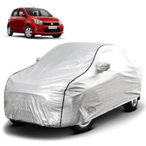 Biroller Waterproof Car Body Cover for Maruti Celerio with Mirror Pocket, Soft Cotton Lining, Triple Stitched (Heat Resistant Metallic Silver with Black Piping)