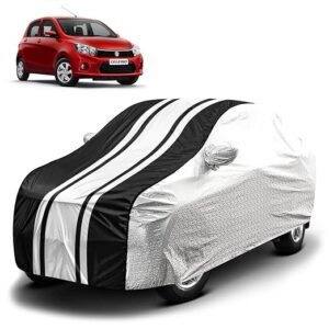 Biroller Waterproof Car Body Cover for Maruti Celerio with Mirror Pocket and Soft Cotton Lining, Bottom Elastic, Triple Stitched (Metallic Silver with Black Stripes)