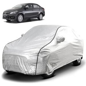 Biroller Waterproof Car Body Cover for Maruti Ciaz with Mirror Pocket, Soft Cotton Lining, Triple Stitched (Heat Resistant Metallic Silver with Black Piping)
