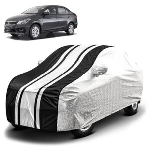 Biroller Waterproof Car Body Cover for Maruti Ciaz with Mirror Pocket and Soft Cotton Lining, Bottom Elastic, Triple Stitched (Metallic Silver with Black Stripes)