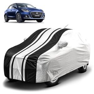 Biroller Waterproof Car Body Cover for Maruti Dzire (2017-2023) with Mirror and Antenna Pocket, Soft Cotton Lining, Bottom Elastic, Triple Stitched (Metallic Silver with Black Stripes) Full Size