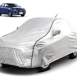 Biroller Waterproof Car Body Cover for Maruti Dzire (2017-2024) with Mirror and Antenna Pocket, Soft Cotton Lining, Triple Stitched (Heat Resistant Metallic Silver with Black Piping)