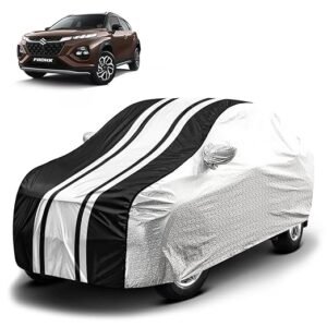 Biroller Waterproof Car Body Cover for Maruti Fronx with Mirror Pocket and Soft Cotton Lining, Bottom Elastic, Triple Stitched (Metallic Silver with Black Stripes) (No Antenna Pocket)