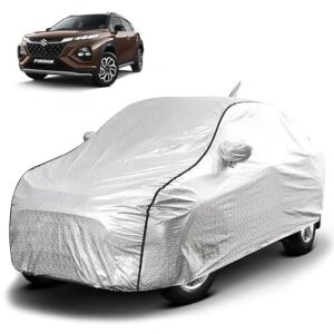 Biroller Waterproof Car Body Cover for Maruti Fronx with Mirror and Antenna Pocket, Soft Cotton Lining, Triple Stitched (Heat Resistant Metallic Silver with Black Piping)
