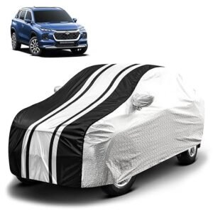 Biroller Waterproof Car Body Cover for Maruti Grand Vitara with Mirror Pocket and Soft Cotton Lining, Bottom Elastic, Triple Stitched (Metallic Silver with Black Stripes) (No Antenna Pocket)
