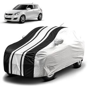 Biroller Waterproof Car Body Cover for Maruti Swift (2012-2017) with Mirror and Antenna Pocket, Soft Cotton Lining, Bottom Elastic, Triple Stitched (Metallic Silver with Black Stripes)