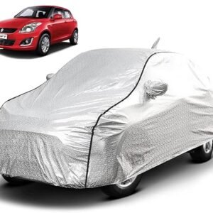 Biroller Waterproof Car Body Cover for Maruti Swift (2012-2017) with Mirror and Antenna Pocket, Soft Cotton Lining, Triple Stitched (Heat Resistant Metallic Silver with Black Piping)