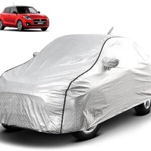 Biroller Waterproof Car Body Cover for Maruti Swift (2018-2023) with Mirror and Antenna Pocket, Soft Cotton Lining, Triple Stitched (Heat Resistant Metallic Silver with Black Piping)