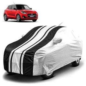 Biroller Waterproof Car Body Cover for Maruti Swift (2018-2023) with Mirror and Antenna Pocket, Soft Cotton Lining, Bottom Elastic, Triple Stitched (Metallic Silver with Black Stripes)