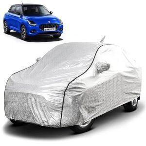 Biroller Waterproof Car Body Cover for Maruti Swift New 2024 with Mirror and Antenna Pocket, Soft Cotton Lining, Triple Stitched (Heat Resistant Metallic Silver with Black Piping)
