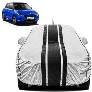 Biroller Waterproof Car Body Cover for Maruti Swift New 2024 with Mirror and Antenna Pocket, Soft Cotton Lining, Bottom Elastic, Triple Stitched (Metallic Silver with Black Stripes)