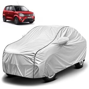 Biroller Waterproof Non Peel Metallic Silver Car Body Cover for Maruti Wagon R (2019-22) with Mirror Pocket and Soft Cotton Lining (6 Month No Peel Warranty)