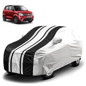 Biroller Waterproof Car Body Cover for Maruti Wagon R (2019-2022) with Mirror Pocket and Soft Cotton Lining, Bottom Elastic, Triple Stitched (Metallic Silver with Black Stripes) (No Antenna Pocket)