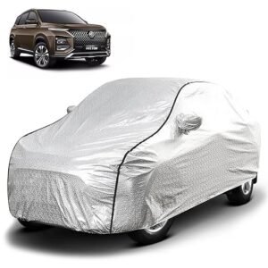 Biroller Waterproof Car Body Cover for Mg Hector with Mirror Pocket, Soft Cotton Lining, Triple Stitched (Heat Resistant Metallic Silver with Black Piping)