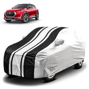 Biroller Waterproof Car Body Cover for Nissan Magnite with Mirror Pocket and Soft Cotton Lining, Bottom Elastic, Triple Stitched (Metallic Silver with Black Stripes) (No Antenna Pocket)