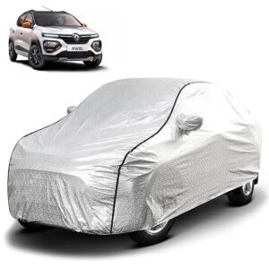 Biroller Waterproof Car Body Cover for Renault Kwid with Mirror Pocket, Soft Cotton Lining, Triple Stitched (Heat Resistant Metallic Silver with Black Piping)