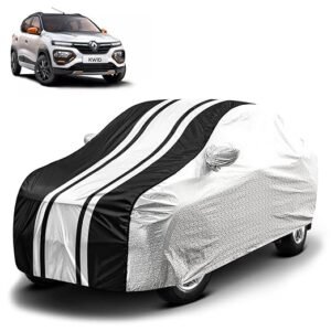 Biroller Waterproof Car Body Cover for Renault Kwid with Mirror Pocket and Soft Cotton Lining, Bottom Elastic, Triple Stitched (Metallic Silver with Black Stripes) (No Antenna Pocket)