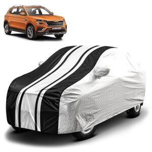 Biroller Waterproof Car Body Cover for Skoda Kushaq with Mirror Pocket and Soft Cotton Lining, Bottom Elastic, Triple Stitched (Metallic Silver with Black Stripes) (No Antenna Pocket)