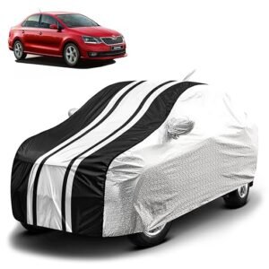 Biroller Waterproof Car Body Cover for Skoda Rapid with Mirror Pocket and Soft Cotton Lining, Bottom Elastic, Triple Stitched (Metallic Silver with Black Stripes)